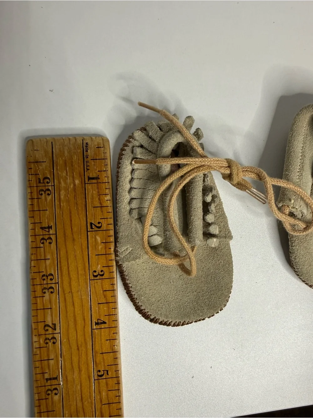 Vintage Baby Soft Suede Fringe Moccasins in Light Beige